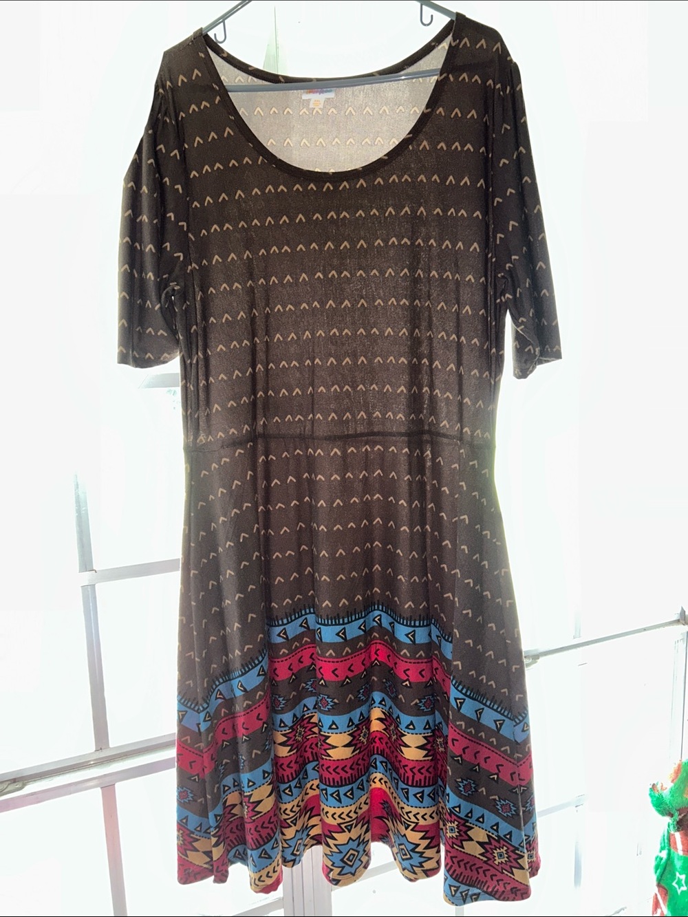 LuLaRoe Brown Midi Dress with Colorful Tribal Hem
